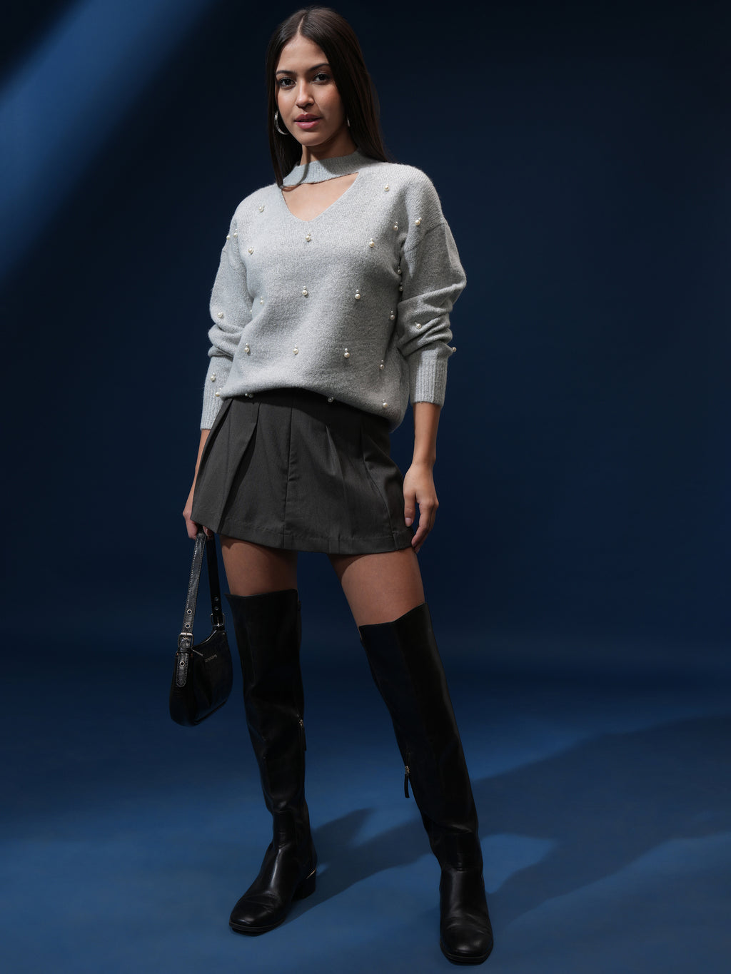 Tokyo Talkies Women Grey V-Neck Sweater - Grey - Image 2