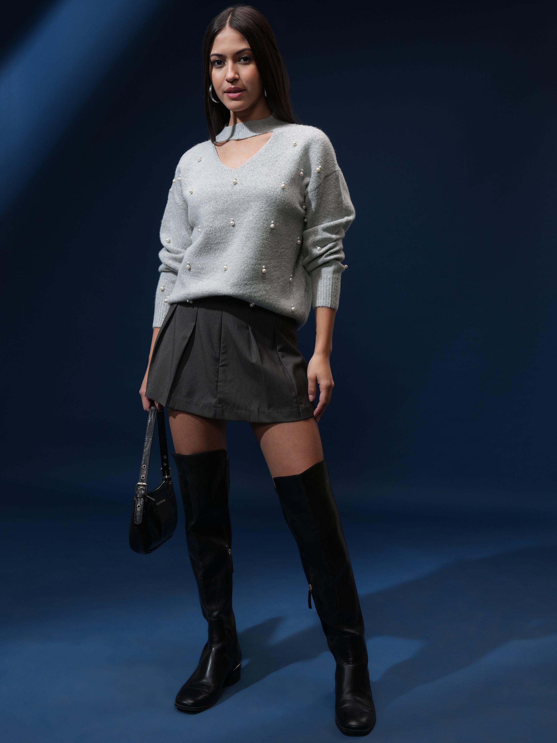 Tokyo Talkies Women Grey V-Neck Sweater - Grey - Image 2