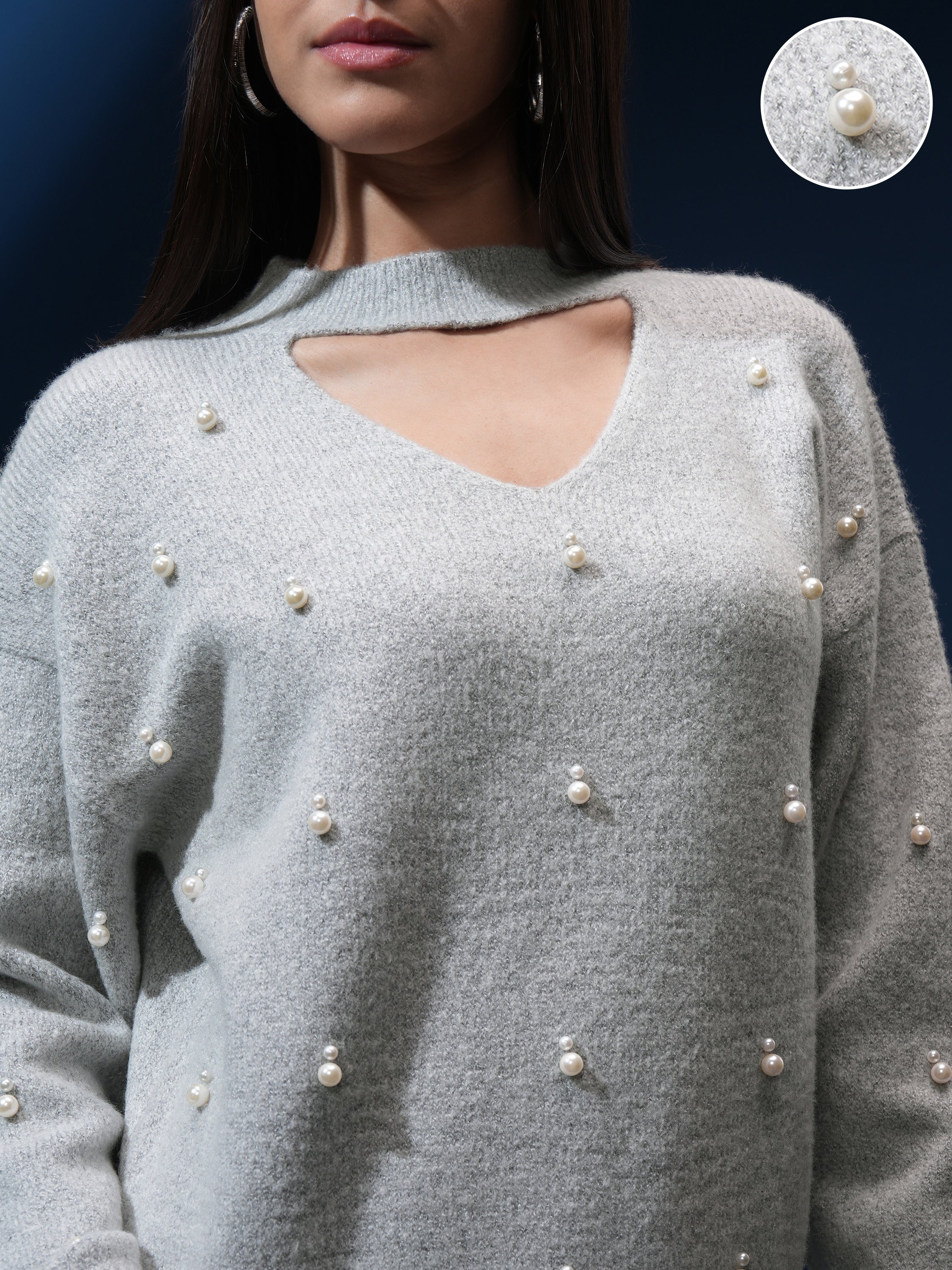 Tokyo Talkies Women Grey V-Neck Sweater - Grey - Image 5
