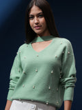 Tokyo Talkies Women Green V-Neck Sweater - Green - Image 1