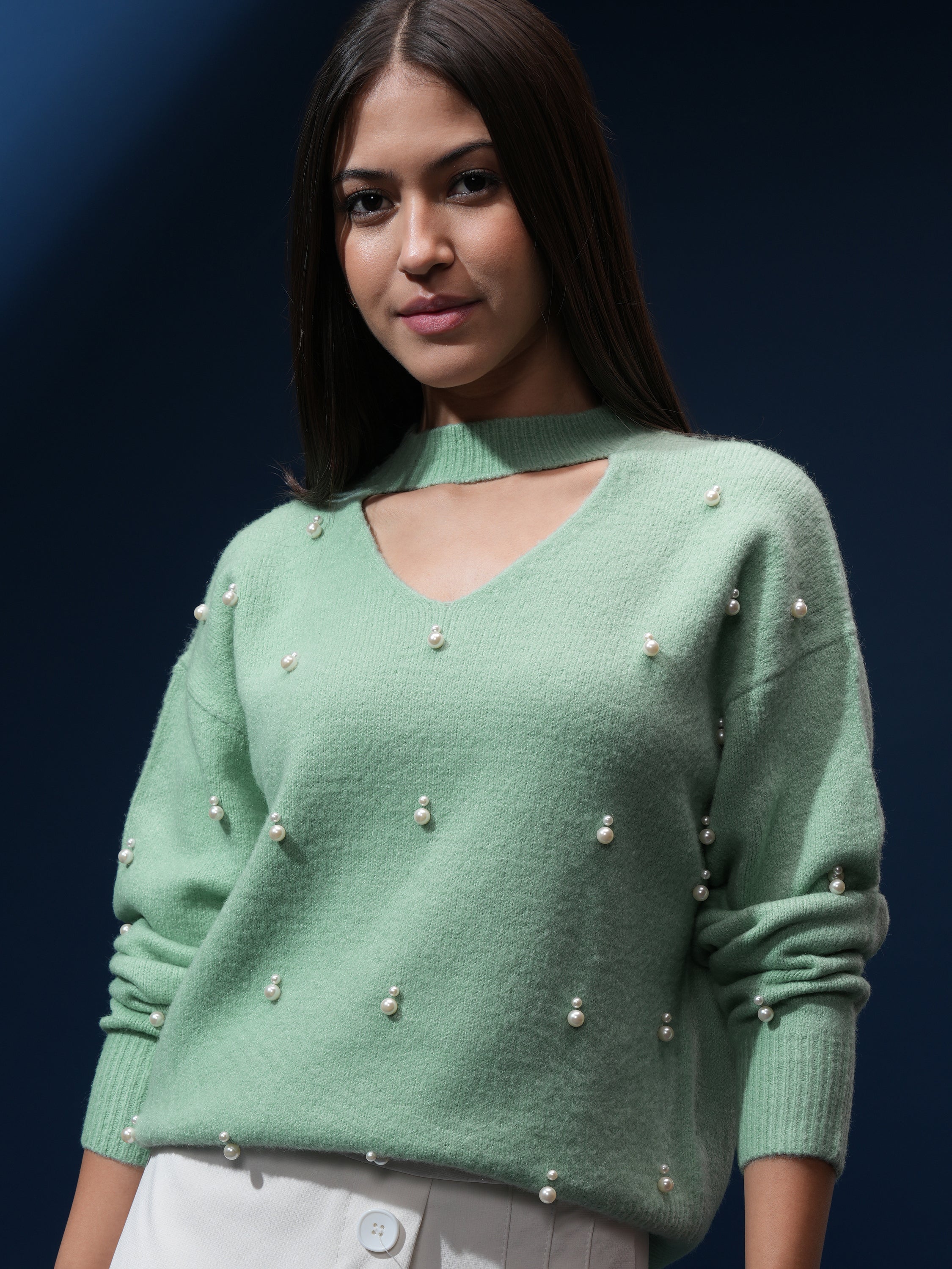 Tokyo Talkies Women Green V-Neck Sweater - Green - Image 1