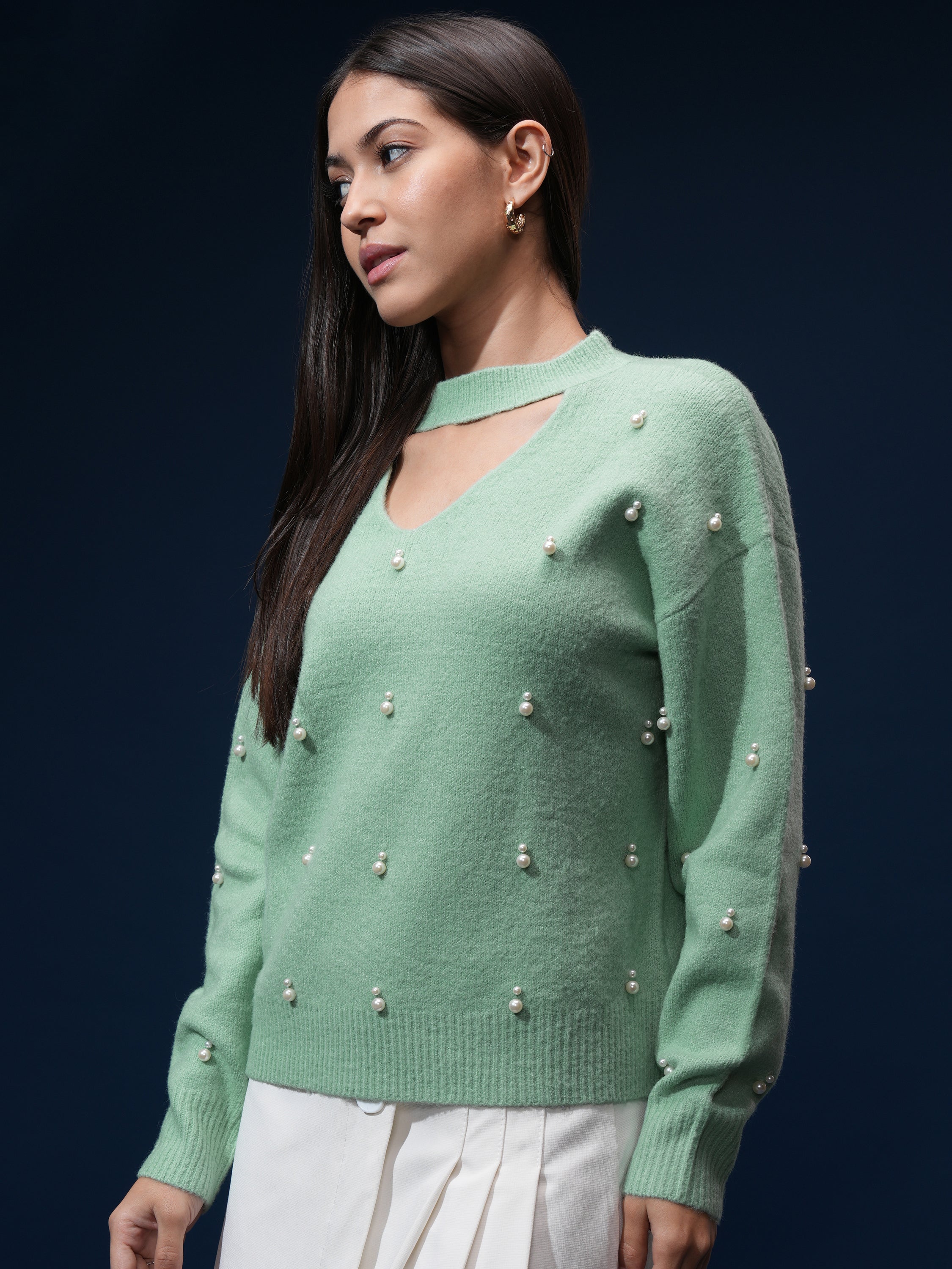 Tokyo Talkies Women Green V-Neck Sweater - Green - Image 4