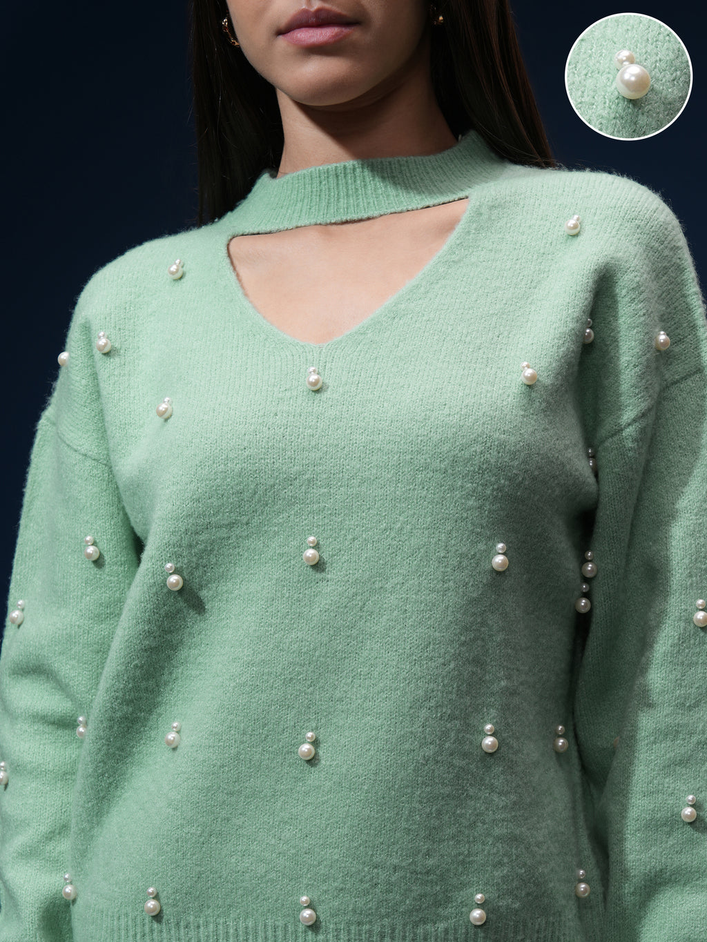Tokyo Talkies Women Green V-Neck Sweater - Green - Image 5