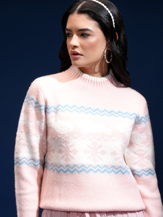 Tokyo Talkies Women Rose Gold Shawl Neck Sweater - Rose Gold - Image 1