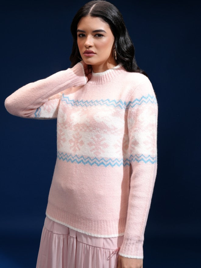 Tokyo Talkies Women Rose Gold Shawl Neck Sweater - Rose Gold - Image 4