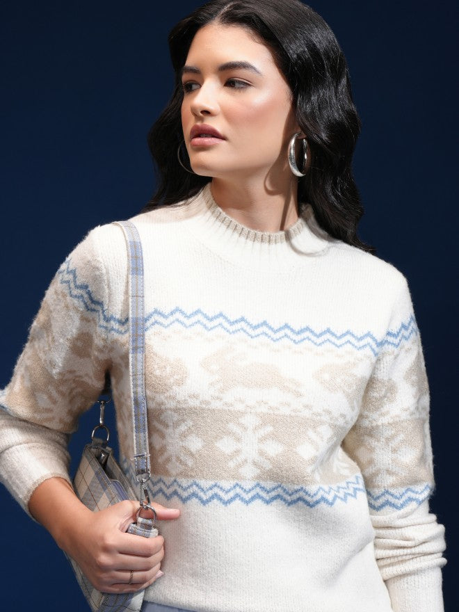 Tokyo Talkies Women Off White Shawl Neck Sweater - Off White - Image 1