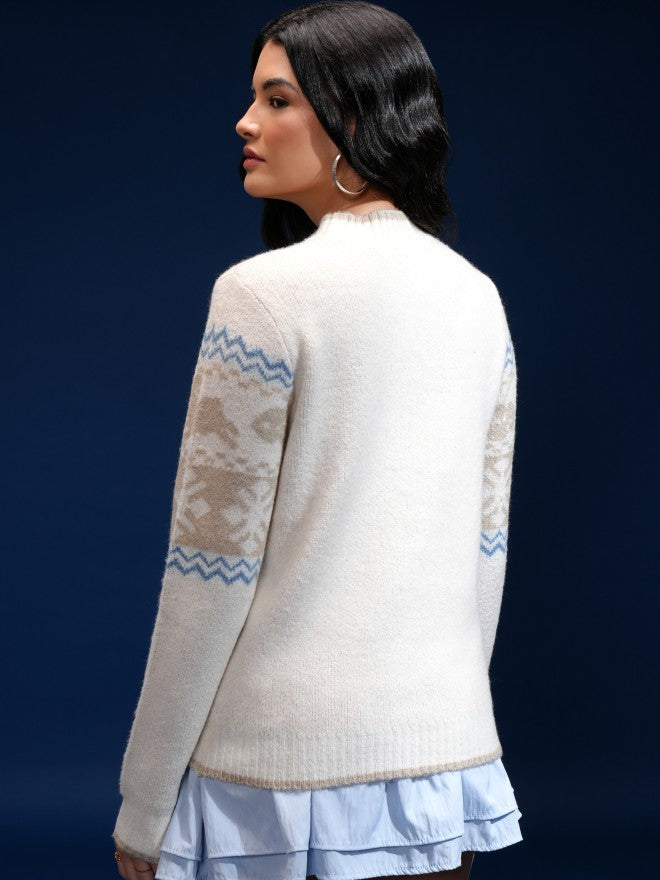 Tokyo Talkies Women Off White Shawl Neck Sweater - Off White - Image 3