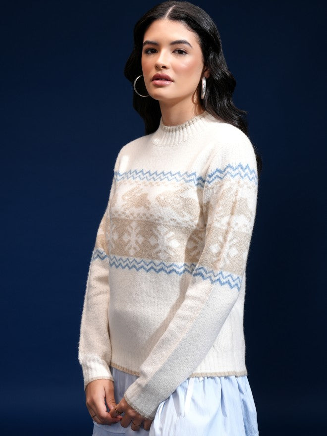 Tokyo Talkies Women Off White Shawl Neck Sweater - Off White - Image 4