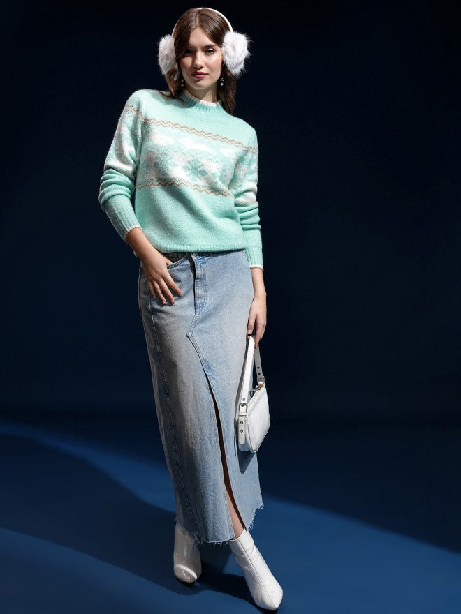 Tokyo Talkies Women Blue High Neck Sweater - Blue - Image 2