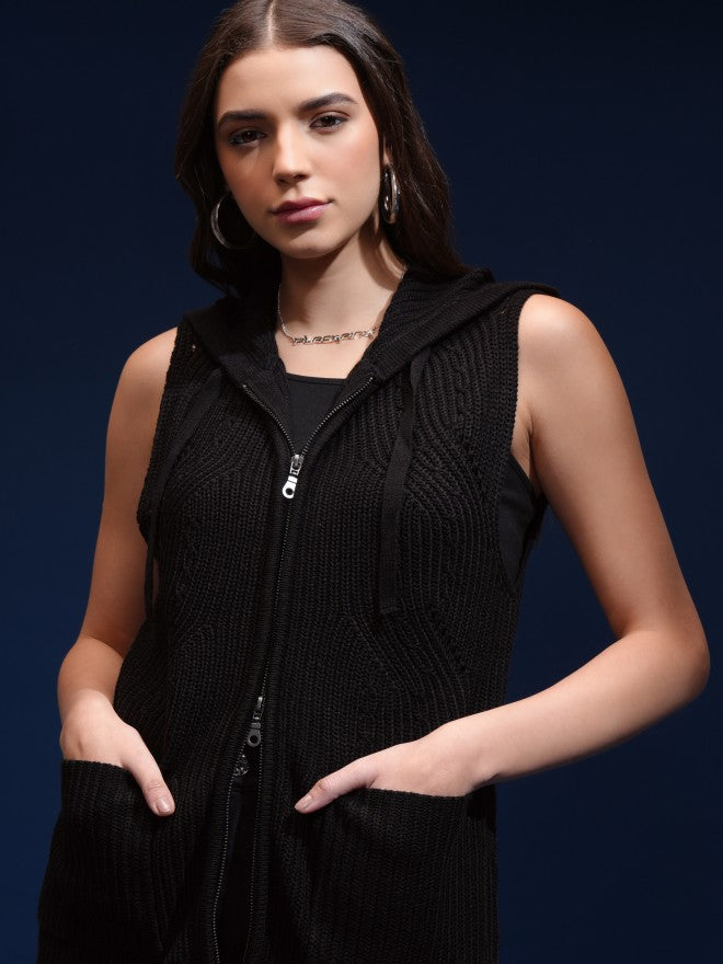 Tokyo Talkies Women Black Hood Sweater - Black - Image 1