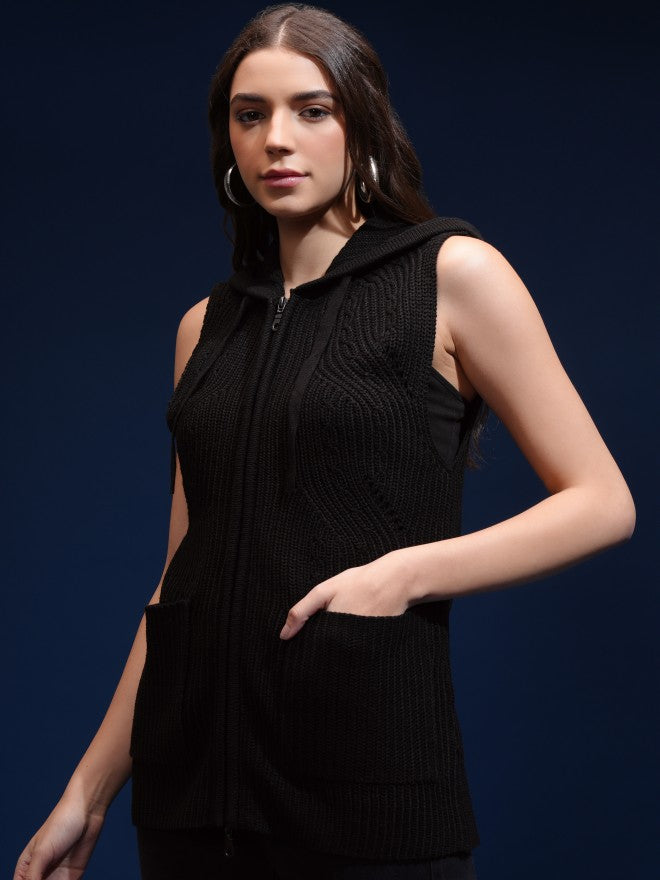 Tokyo Talkies Women Black Hood Sweater - Black - Image 4
