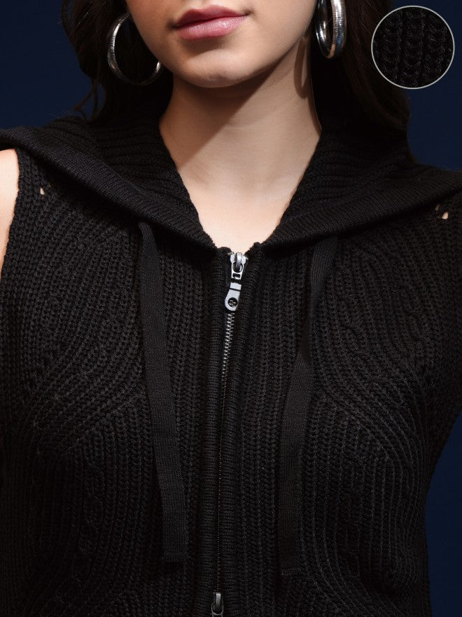 Tokyo Talkies Women Black Hood Sweater - Black - Image 5