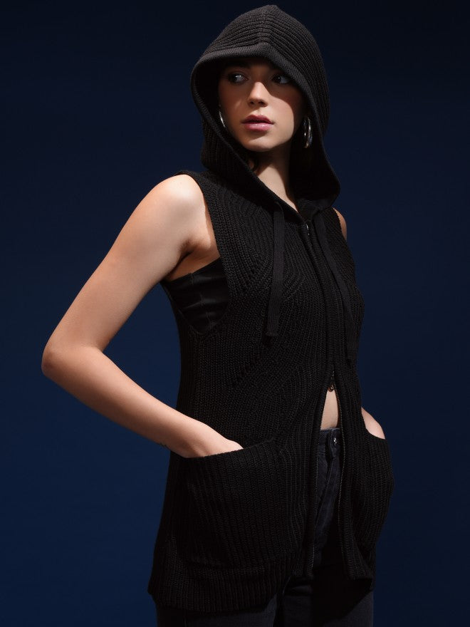 Tokyo Talkies Women Black Hood Sweater - Black - Image 6