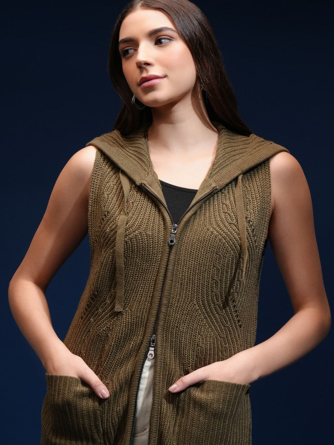 Tokyo Talkies Women Green Hood Sweater - Green - Image 1