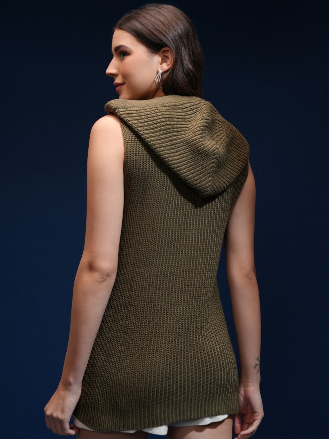 Tokyo Talkies Women Green Hood Sweater - Green - Image 3