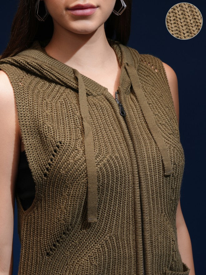 Tokyo Talkies Women Green Hood Sweater - Green - Image 5