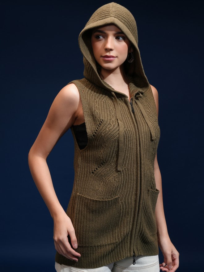 Tokyo Talkies Women Green Hood Sweater - Green - Image 6