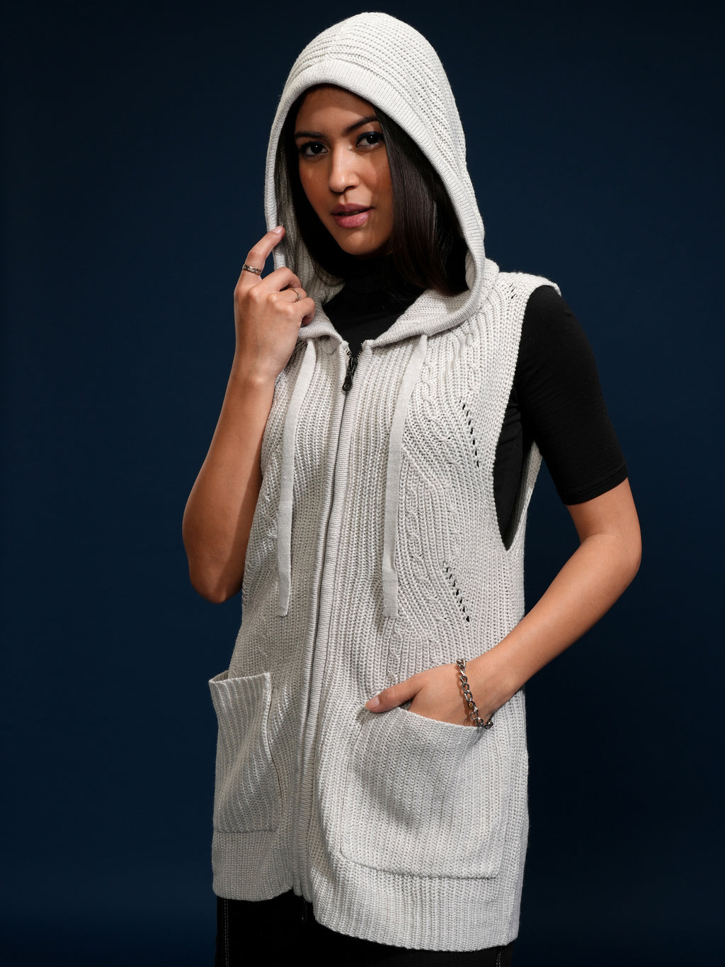 Tokyo Talkies Women Grey Hood Sweater - Grey - Image 4