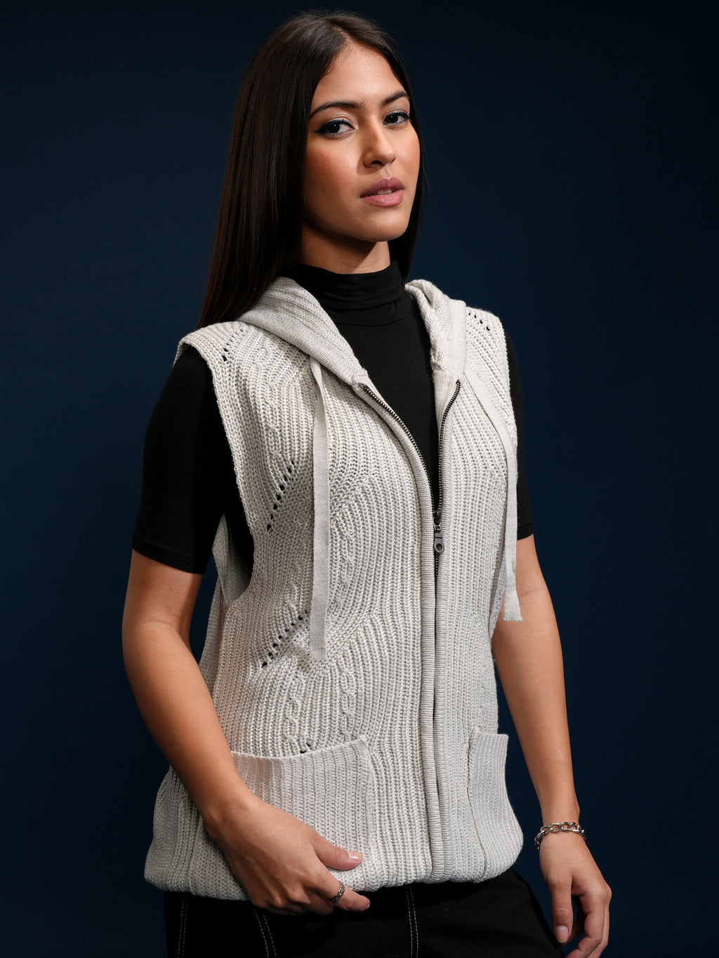 Tokyo Talkies Women Grey Hood Sweater - Grey - Image 6