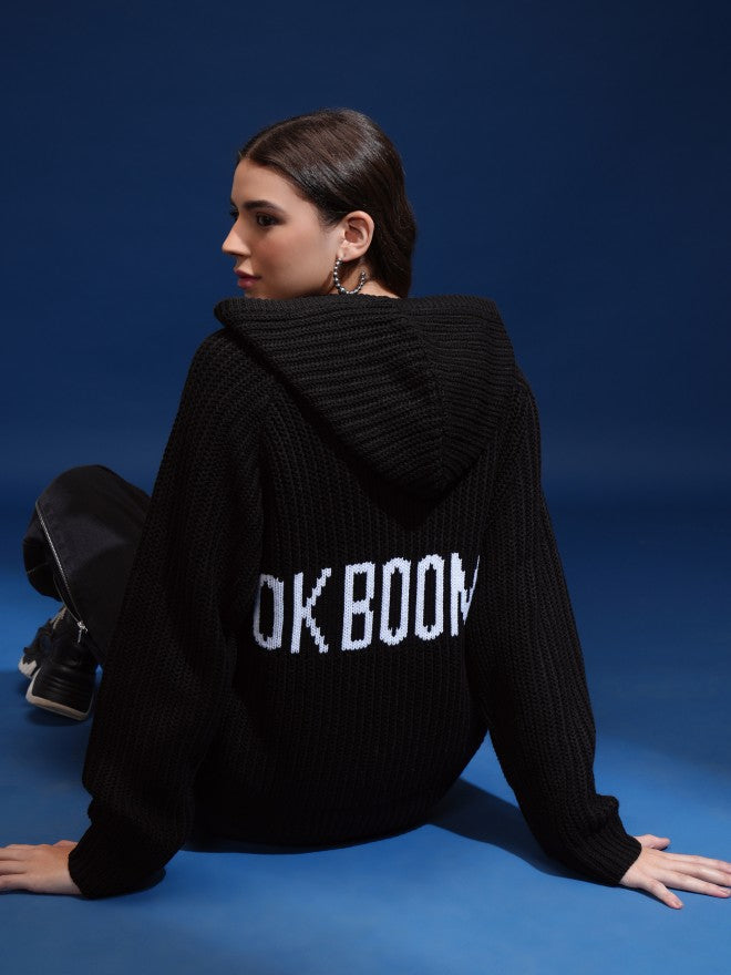 Tokyo Talkies Women Black Hood Sweater - Black - Image 2