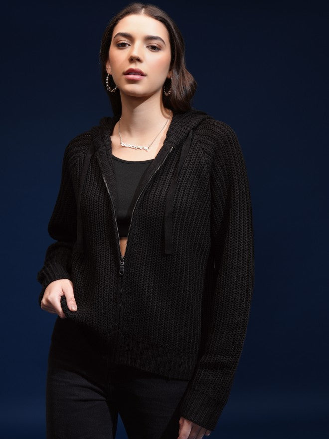Tokyo Talkies Women Black Hood Sweater - Black - Image 3
