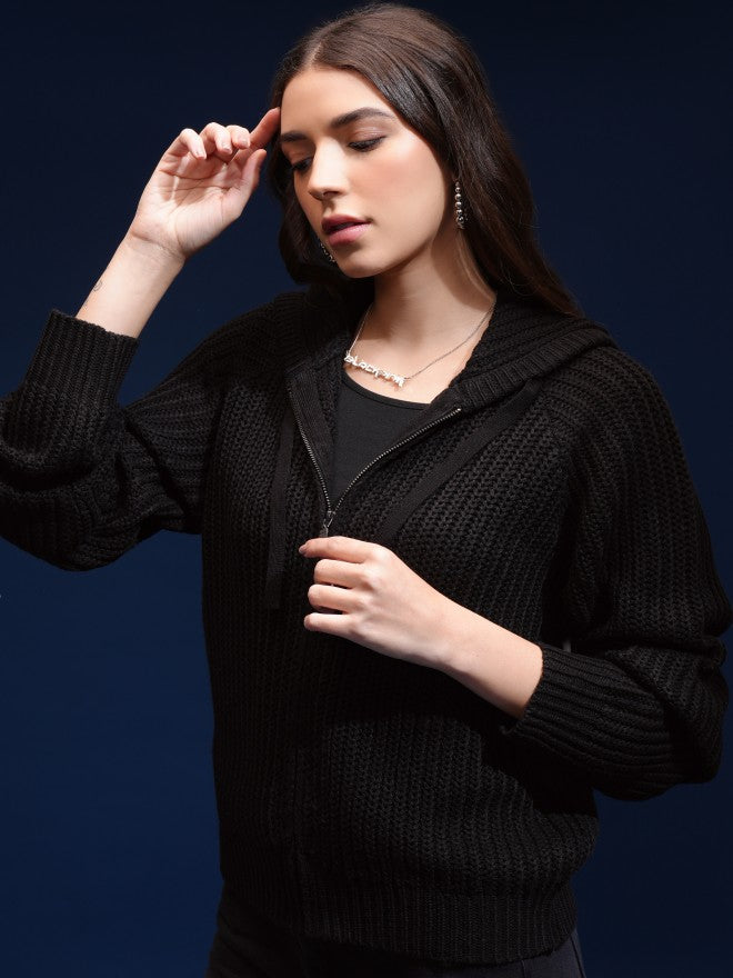 Tokyo Talkies Women Black Hood Sweater - Black - Image 4