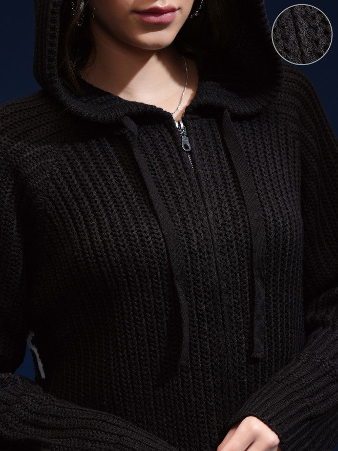 Tokyo Talkies Women Black Hood Sweater - Black - Image 5