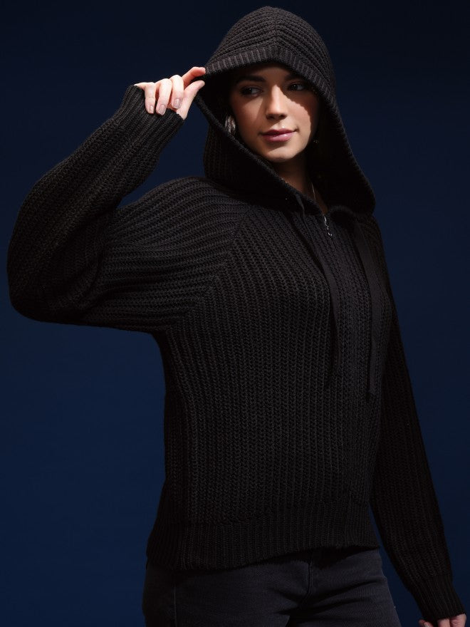 Tokyo Talkies Women Black Hood Sweater - Black - Image 6