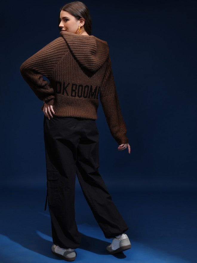 Tokyo Talkies Women Brown Hood Sweater - Brown - Image 2