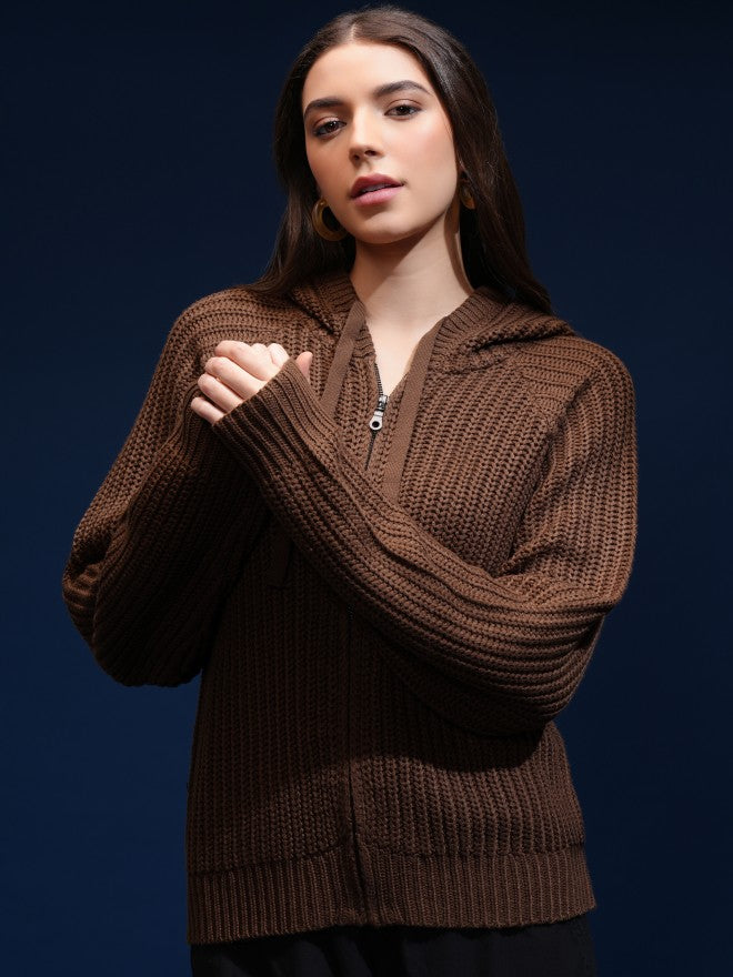 Tokyo Talkies Women Brown Hood Sweater - Brown - Image 3