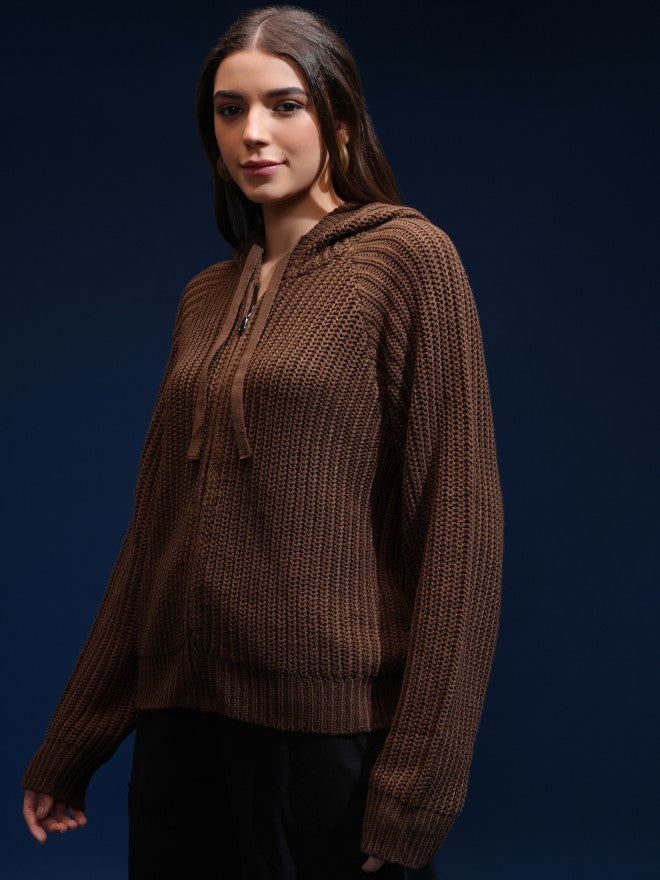 Tokyo Talkies Women Brown Hood Sweater - Brown - Image 4