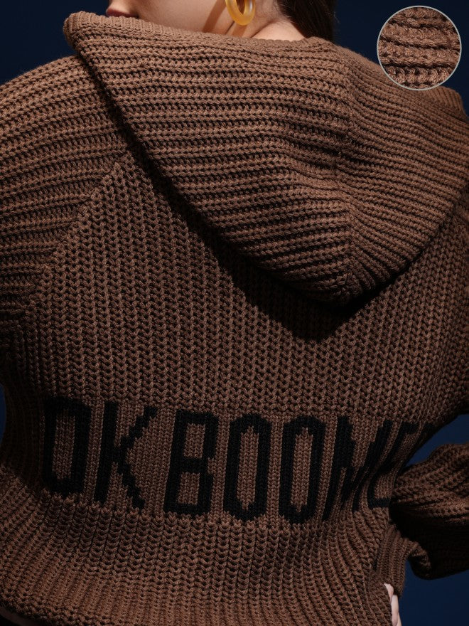 Tokyo Talkies Women Brown Hood Sweater - Brown - Image 5