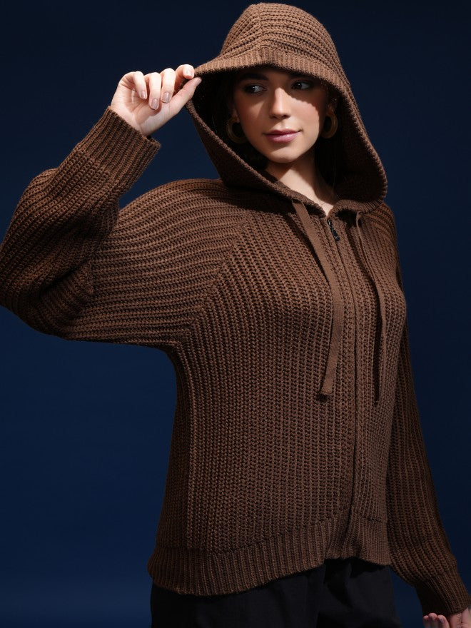 Tokyo Talkies Women Brown Hood Sweater - Brown - Image 6