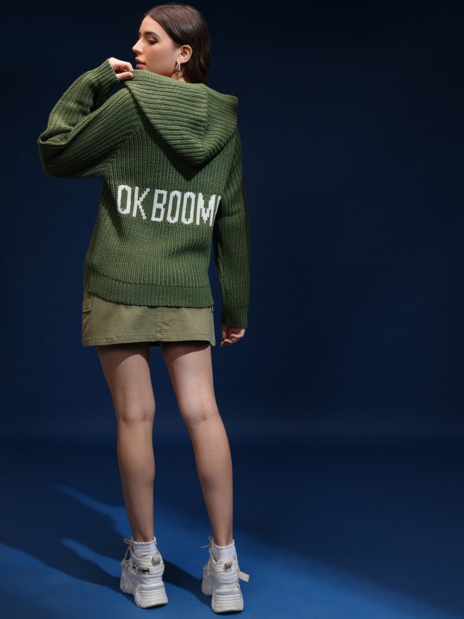 Tokyo Talkies Women Green Hood Sweater - Green - Image 2