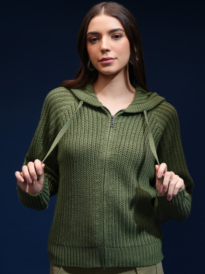 Tokyo Talkies Women Green Hood Sweater - Green - Image 3