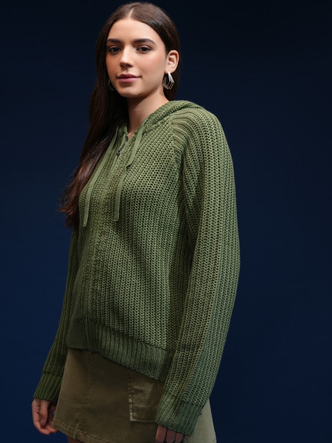 Tokyo Talkies Women Green Hood Sweater - Green - Image 4