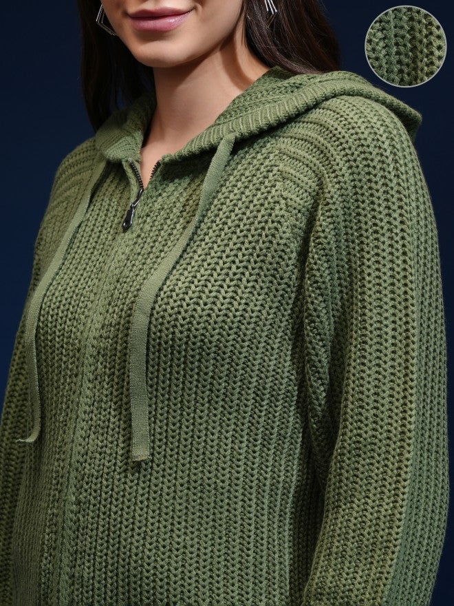 Tokyo Talkies Women Green Hood Sweater - Green - Image 5