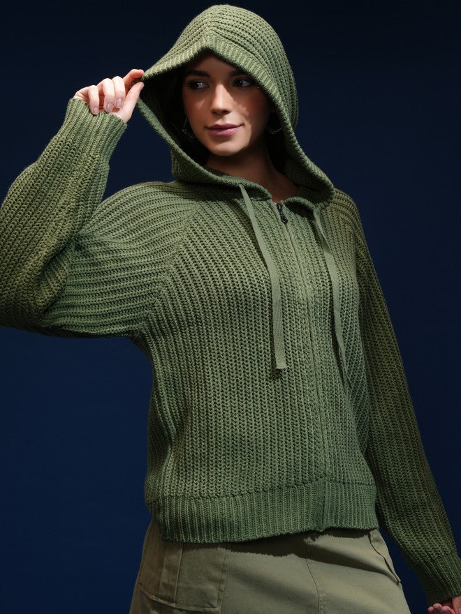 Tokyo Talkies Women Green Hood Sweater - Green - Image 6