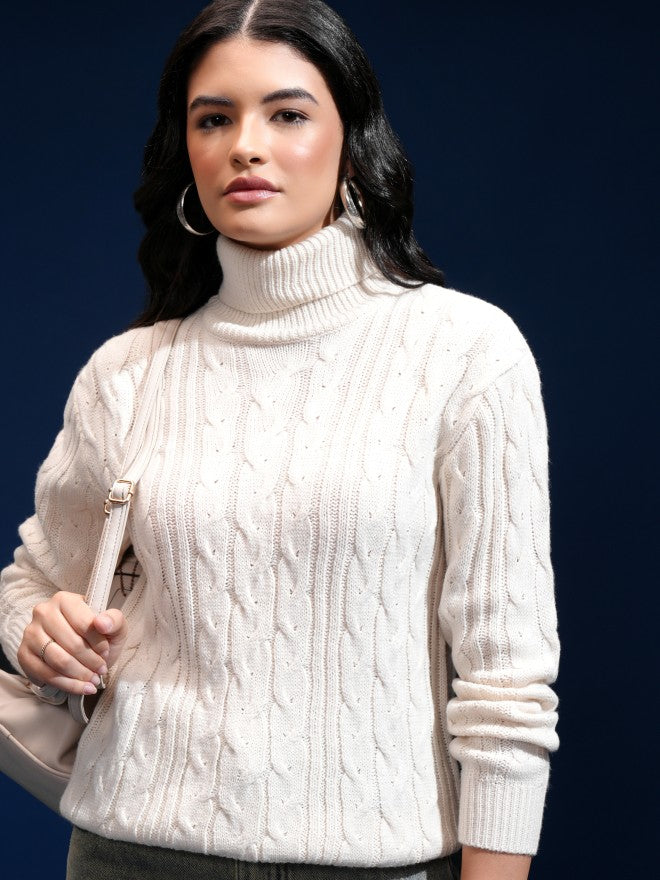 Tokyo Talkies Women Off White Mock Collar Sweater - Off White - Image 1