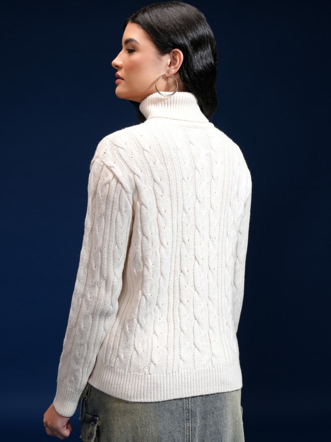 Tokyo Talkies Women Off White Mock Collar Sweater - Off White - Image 3