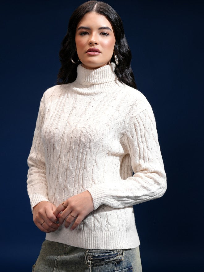 Tokyo Talkies Women Off White Mock Collar Sweater - Off White - Image 4