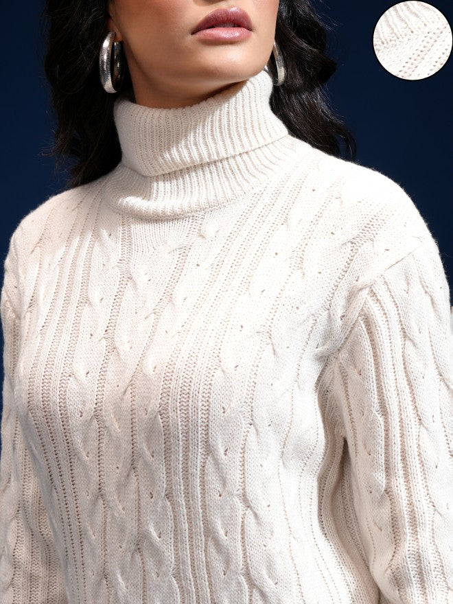 Tokyo Talkies Women Off White Mock Collar Sweater - Off White - Image 5
