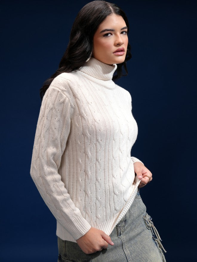Tokyo Talkies Women Off White Mock Collar Sweater - Off White - Image 6