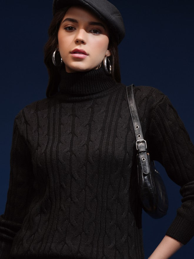 Tokyo Talkies Women Black Turtle Neck Sweater - Black - Image 1