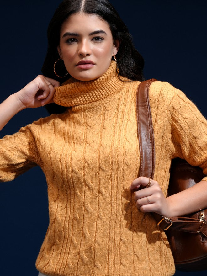 Tokyo Talkies Women Yellow Mock Collar Sweater - Yellow - Image 1