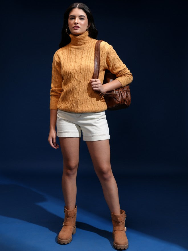 Tokyo Talkies Women Yellow Mock Collar Sweater - Yellow - Image 2