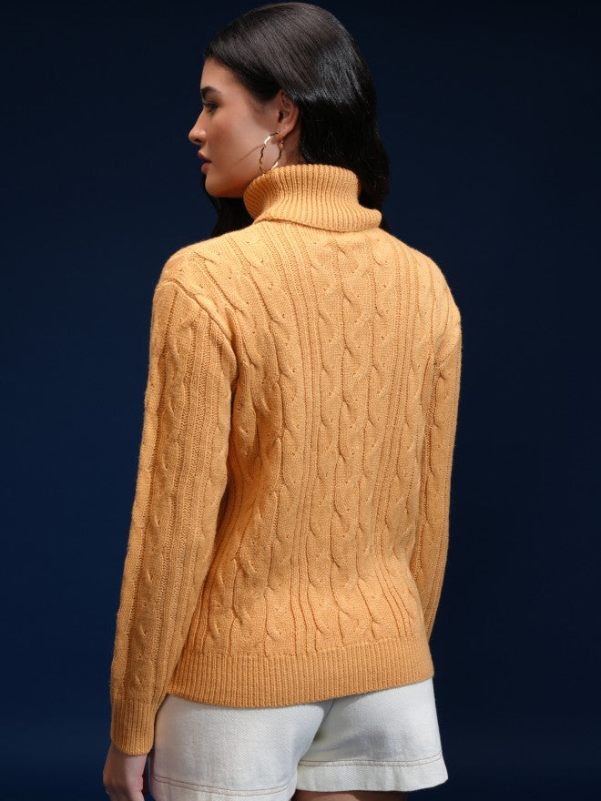 Tokyo Talkies Women Yellow Mock Collar Sweater - Yellow - Image 3