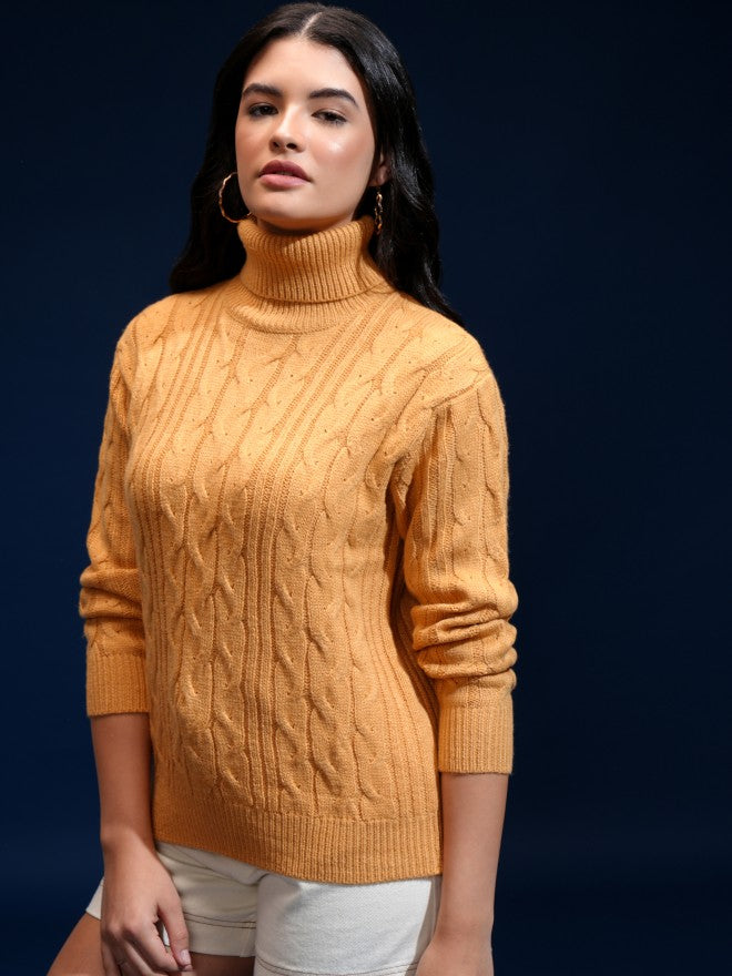 Tokyo Talkies Women Yellow Mock Collar Sweater - Yellow - Image 4