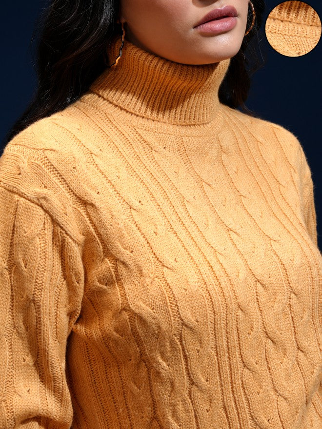 Tokyo Talkies Women Yellow Mock Collar Sweater - Yellow - Image 5