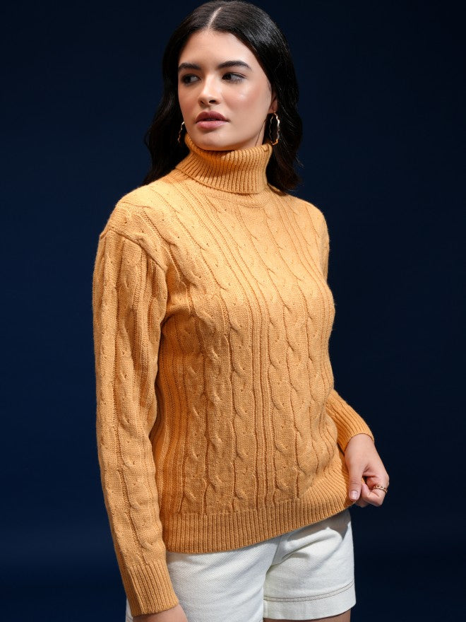 Tokyo Talkies Women Yellow Mock Collar Sweater - Yellow - Image 6